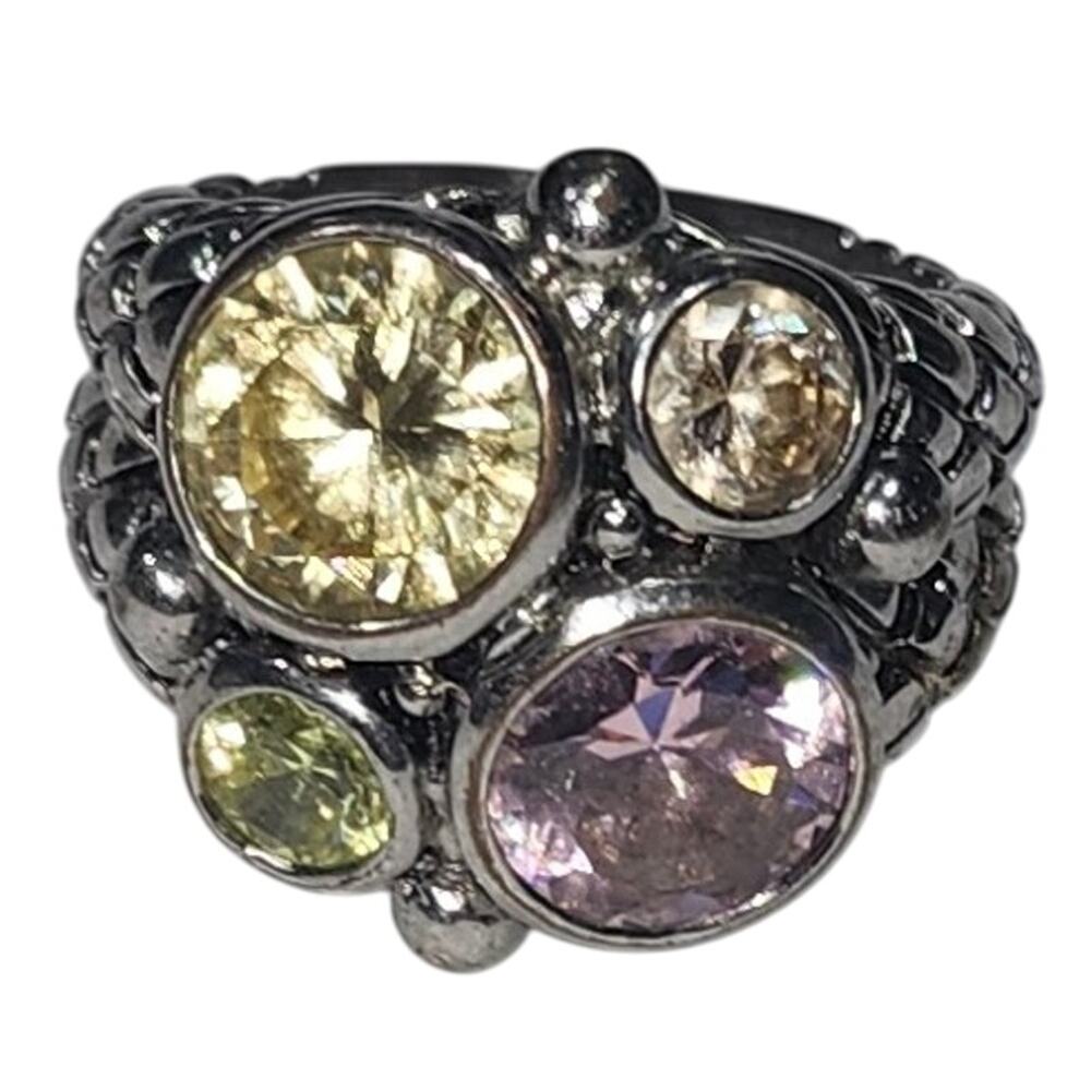 Chunky Stainless Steel Scales Pastel Swarovski Crystal Ring Size 7